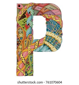 Letter P zentangle. Vector decorative object
