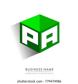 Letter PA logo in hexagon shape and green background, cube logo with letter design for company identity.
