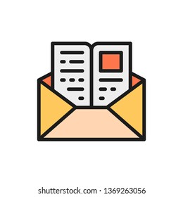 Letter with a page, invitation to study, envelope mail flat color line icon.