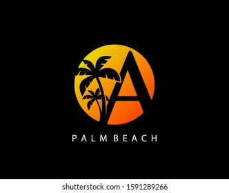 A Letter Palm Tree and Sun Set Logo Icon. Perfect for surfing shop, sport, Tour and Travel. Initial A with sunset and palm tree.