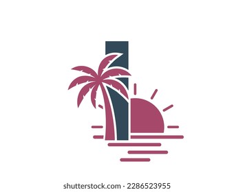 letter i with palm tree and sunset. vacation and resort alphabet logotype. summer and exotic tourism design. isolated vector image