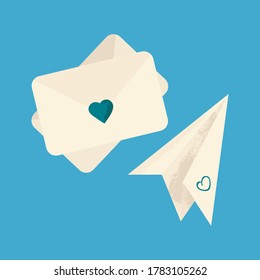 letter and paper airplane in air mail service conceptoin drawing in cartoons flat style. Isolated on blue background. Paper airplane with envelope. Airmail