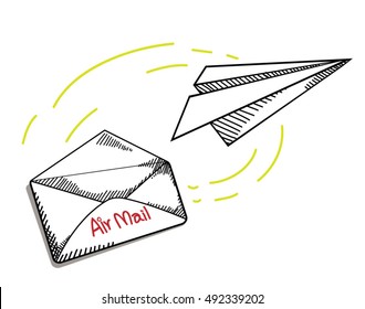 letter and paper airplane in air mail service conceptoin drawing in doodle style