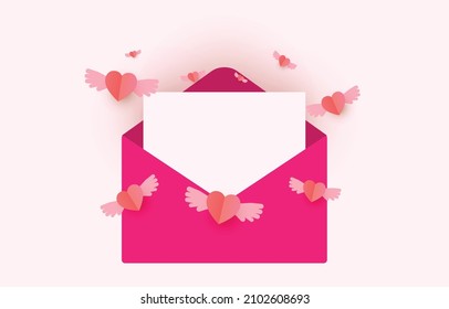 Letter and Paper cut elements in shape of heart flying on soft and sweet background. Vector symbols of love for Happy Valentine's Day, birthday , mothers day greeting card design.