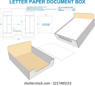 Letter Paper Document Box. Material: E-F. Dimensions: 289 X 236 X 70 MM (Eps file scale 1:1). 2D: Real illustrations. 3D Box: Illustration only. Equipped die cut estimates prepared for production.