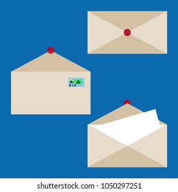 The letter paper enclosed in envelope with postage stamp. Vectors icon on blue background