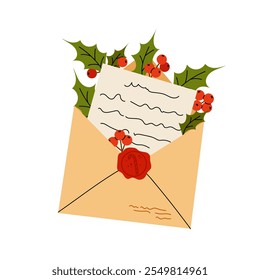 Letter. Paper envelope with note and ilex berries. Winter festive decor. Letter to Santa Claus. Flat vector illustration on white background.