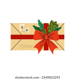 Letter. Paper envelope tied with a red bow. Letter with marks and stamp. Holiday message, postcard, parcel. Flat illustration on white background.