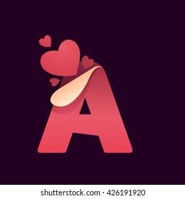 A letter with paper folded corner and hearts. Vector paper style typeface for st. Valentine's day. Red letter icon for card, app icon, corporate identity, label or poster.