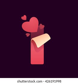 I letter with paper folded corner and hearts. Vector paper style typeface for st. Valentine's day. Red letter icon for card, app icon, corporate identity, label or poster.