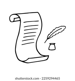 letter paper and inkwell with feather hand drawn in doodle style. document icon, sticker.