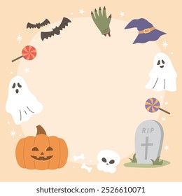 Una carta de papel con varios objetos de Halloween como calabazas y fantasmas