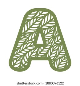 Carta A con un patrón de hojas. Objeto verde sobre un fondo blanco. Tema de las plantas. Logo botánico de Openwork, signo, icono para productos naturales, ecológicos. Alfabeto de verano o primavera, tipo de letra. Ilustración del vector