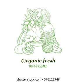 Letter A pattern logo of groceries organic farm fresh fruits and vegetables. Vector illustration logotype. Outline line flat style design. White backdrop.