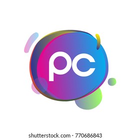 Letter PC logo with colorful splash background, letter combination logo design for creative industry, web, business and company.

