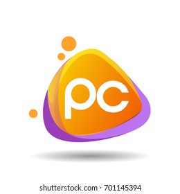 Letter PC logo in triangle splash and colorful background, letter combination logo design for creative industry, web, business and company.