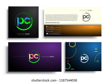 Letter PC logotype with colorful circle, letter combination logo design with ring, sets of business card for company identity, creative industry, web, isolated on white background.