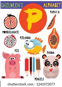 Letter P.Cute children's alphabet with adorable animals and other things.Poster for kids learning English vocabulary.Cartoon vector illustration.