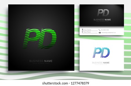Letter PD logotype with colorful circle, with striped composition letter, sets of business card for company identity, creative industry, web.