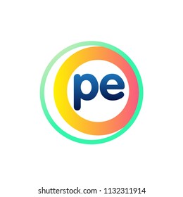 Letter PE logo with colorful circle, letter combination logo design with ring, circle object for creative industry, web, business and company.