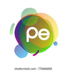 Letter PE logo with colorful splash background, letter combination logo design for creative industry, web, business and company.
