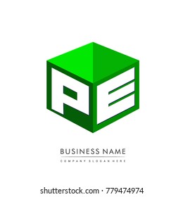 Letter PE logo in hexagon shape and green background, cube logo with letter design for company identity.
