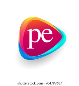 Letter PE logo in triangle shape and colorful background, letter combination logo design for company identity.