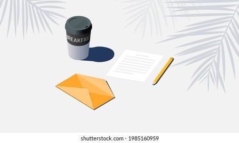 Brief mit Bleistift. Isometrische Vektorgrafik. 3D-Buchstaben-Symbol-Mail-Nachricht. Kaffeepapiertasse