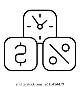 Letter, percent, clock cubes thin line icon, bank and finance concept. Vector graphics. Three cubes, deposit boxes sign on white background, linear style for mobile or design