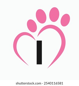 Letter I Pet Logo Design Concept With Paw and Heart Symbol Vector