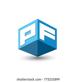 Letter PF logo in hexagon shape and blue background, cube logo with letter design for company identity.
