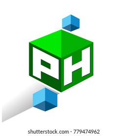 Letter PH logo in hexagon shape and green background, cube logo with letter design for company identity.
