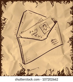 Letter and photos in envelope cartoon icon isolated on vintage background. Hand drawing sketch vector illustration