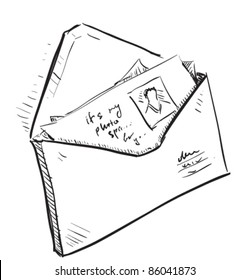 Letter And Photos In Envelope Cartoon Icon. Sketch Fast Pencil Hand Drawing Illustration In Funny Doodle Style.