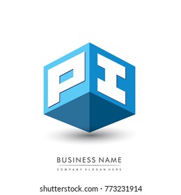 Letter PI logo in hexagon shape and blue background, cube logo with letter design for company identity.
