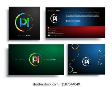 Letter PI logotype with colorful circle, letter combination logo design with ring, sets of business card for company identity, creative industry, web, isolated on white background.