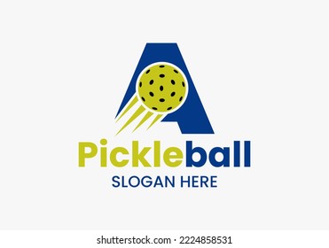 Letter A Pickleball Logo Concept With Moving Pickleball Symbol. Pickle Ball Logotype Vector Template