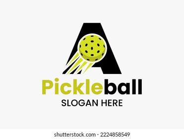 Letter A Pickleball Logo Concept With Moving Pickleball Symbol. Pickle Ball Logotype Vector Template