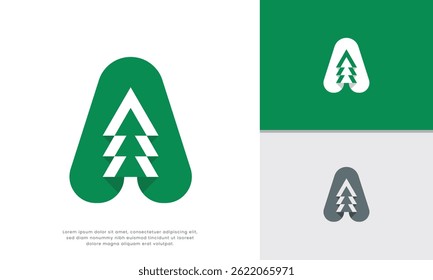 Letter A Pine Tree Logo. Modern rounded letter A logo with a stylized pine tree. Great for nature, eco, natural products, outdoor adventures, outdoor brands or letter-based visual identity.