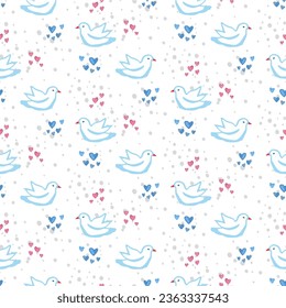 Letter with pink hearts seamless pattern for textile or wallpaper, scrapbook . Vector background in blue and pink color