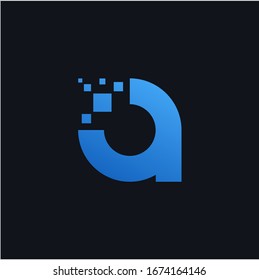 Letter A pixel logo blue color. Technology and digital logotype vector illustration