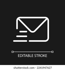 Icono de ui lineal de píxel blanco perfecto para el tema oscuro. Correspondencia escrita. Correo urgente. Pictograma de la línea del vector. Símbolo de interfaz de usuario aislado para el modo nocturno. Trazo editable. Tipo de letra arial utilizado
