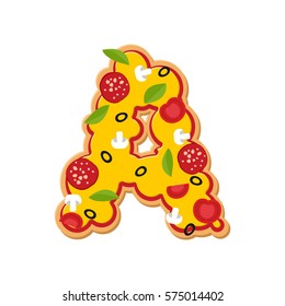 Letter A pizza font. Italian meal alphabet. Lettring fast food
