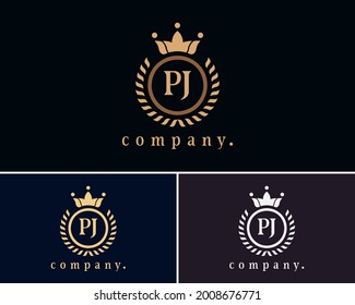 Letter PJ laurel wreath monogram template. Beautiful crown logo for Royalty, business card, Boutique, Hotel, Heraldic, Cafe, Restaurant, Web design, Jewelry. Elegant vector emblem illustration.