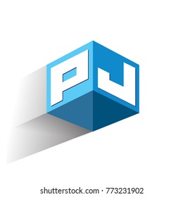 Letter PJ logo in hexagon shape and blue background, cube logo with letter design for company identity.
