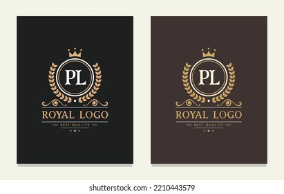 Letter PL crown monogram. Elegant logo and creative typography. The graceful vintage emblem for book design, brand name, business card, restaurant, boutique, hotel, cafe, badge, label. Vector symbol.