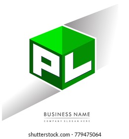 Letter PL logo in hexagon shape and green background, cube logo with letter design for company identity.
