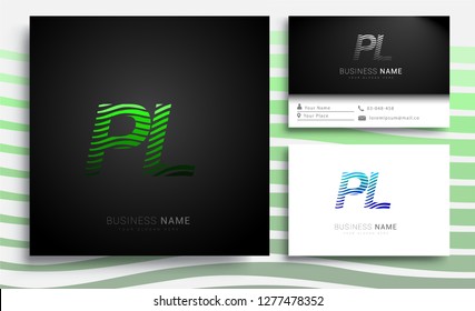 Letter PL logotype with colorful circle, with striped composition letter, sets of business card for company identity, creative industry, web.