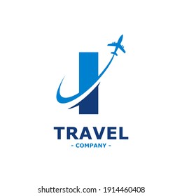 letter I with plane and airline logo vector template. Suitable for travel label, tourism, journey posters, flight company advertising, airways identity, and tech transportation