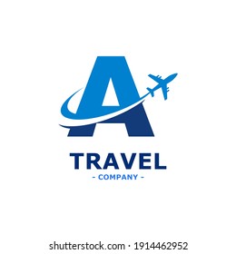 letter A with plane and airline logo vector template. Suitable for travel label, tourism, journey posters, flight company advertising, airways identity, and tech transportation